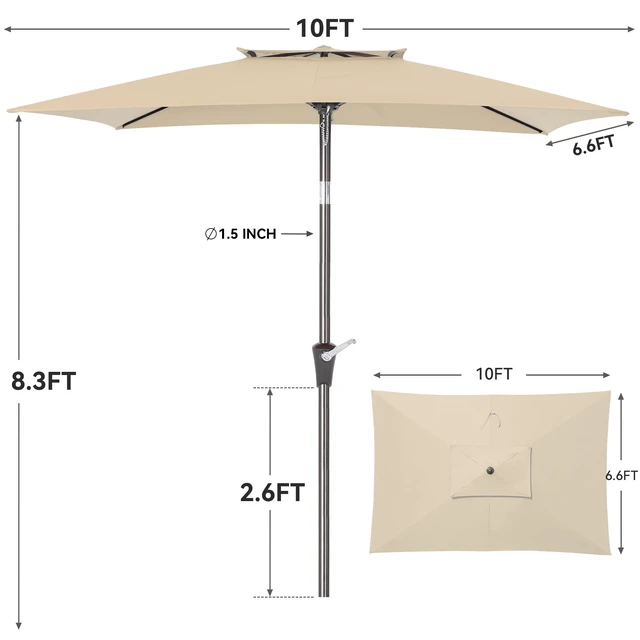 Alt view image 7 of 7 - 6.6 x 10 ft Rectangular Patio Umbrella, Outdoor Market Table Umbrella with Push Button Tilt and Crank, Double-Tier Vent, 6 Ribs