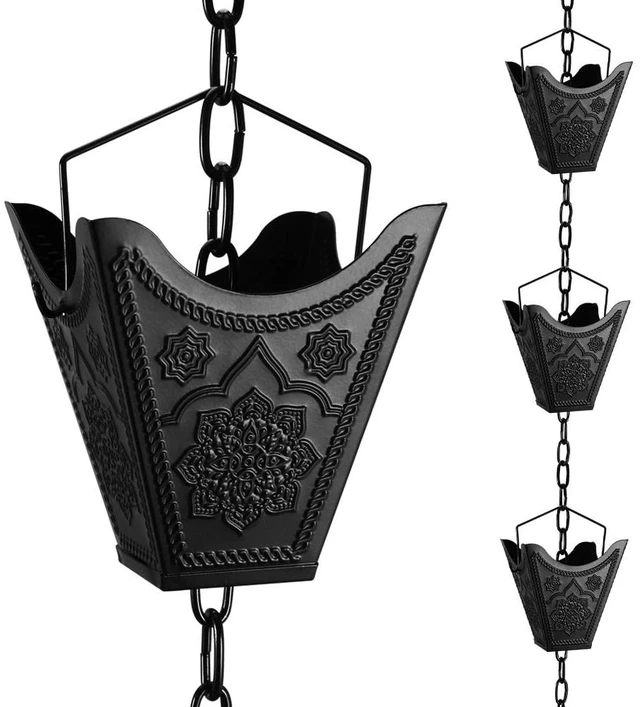 Main image of Vindar Rain Chains, 3D Mandala Carving Black Rain Chain, 8.5ft Large Cup Powder Metal Rain Chains for Outside, Replacement Downspout for Gutters Downspouts
