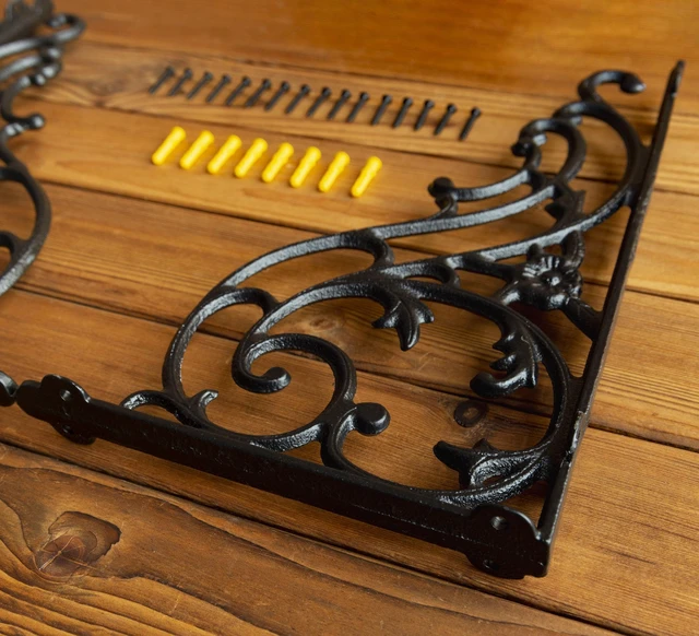 Alt view image 7 of 7 - 15.8''x9.5'' Decorative Shelf Brackets,2 Pack Cast Iron Shelf Supply,16 Inch Large Antique Black Corbesl,Screws Anchors Included