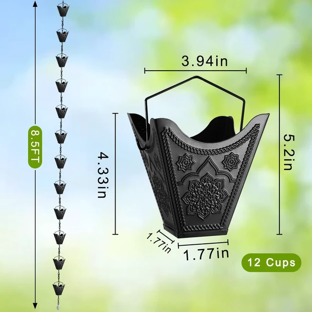 Alt view image 2 of 7 - Vindar Rain Chains, 3D Mandala Carving Black Rain Chain, 8.5ft Large Cup Powder Metal Rain Chains for Outside, Replacement Downspout for Gutters Downspouts