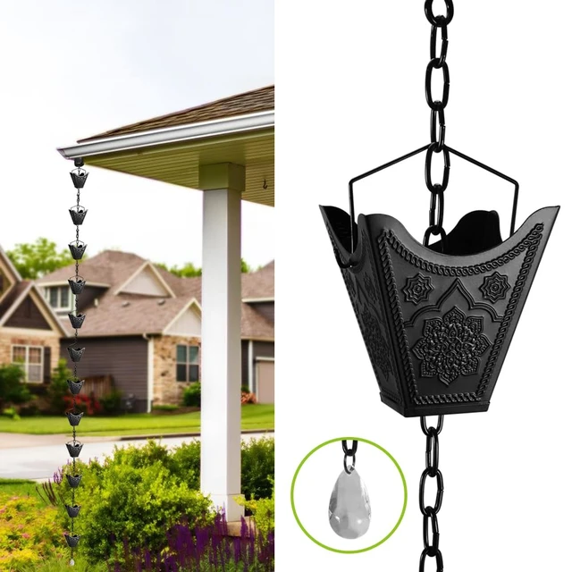 Alt view image 3 of 7 - Vindar Rain Chains, 3D Mandala Carving Black Rain Chain, 8.5ft Large Cup Powder Metal Rain Chains for Outside, Replacement Downspout for Gutters Downspouts