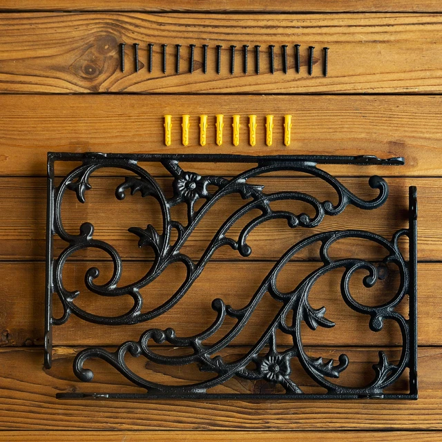 Alt view image 6 of 7 - 15.8''x9.5'' Decorative Shelf Brackets,2 Pack Cast Iron Shelf Supply,16 Inch Large Antique Black Corbesl,Screws Anchors Included