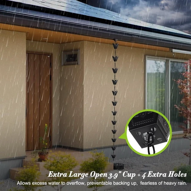 Alt view image 4 of 7 - Vindar Rain Chains, 3D Mandala Carving Black Rain Chain, 8.5ft Large Cup Powder Metal Rain Chains for Outside, Replacement Downspout for Gutters Downspouts