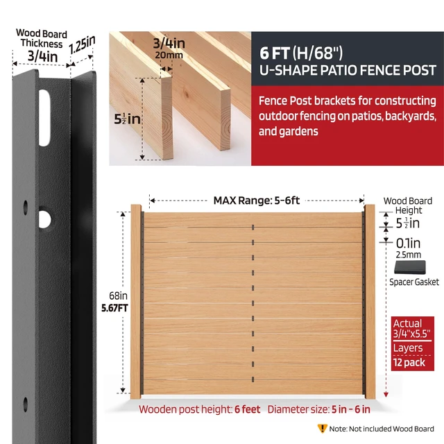 Alt view image 3 of 7 - 6FT No Dig Privacy Metal Fence Post for Wood Slat U-ShapeBlack Line Post Outdoor Privacy Fence Panels Butt-Joint 2Pack