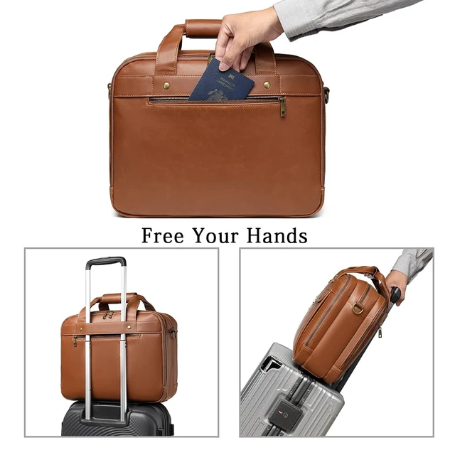 Alt view image 2 of 7 - Bosidu Leather Briefcases for Men 15.6 Inch Laptop Messenger Bag with Triple Compartments Water-Resistant Computer Shoulder Bag for Business, Travel, Work, Office, Coffee