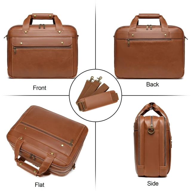 Alt view image 6 of 7 - Bosidu Leather Briefcases for Men 15.6 Inch Laptop Messenger Bag with Triple Compartments Water-Resistant Computer Shoulder Bag for Business, Travel, Work, Office, Coffee