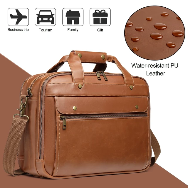 Alt view image 5 of 7 - Bosidu Leather Briefcases for Men 15.6 Inch Laptop Messenger Bag with Triple Compartments Water-Resistant Computer Shoulder Bag for Business, Travel, Work, Office, Coffee