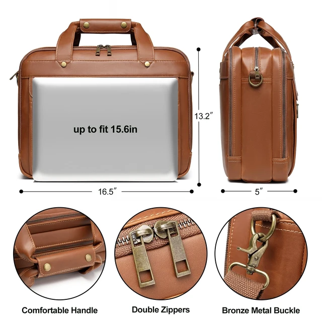 Alt view image 7 of 7 - Bosidu Leather Briefcases for Men 15.6 Inch Laptop Messenger Bag with Triple Compartments Water-Resistant Computer Shoulder Bag for Business, Travel, Work, Office, Coffee