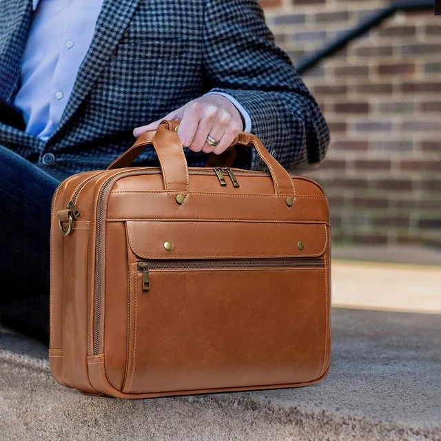 Alt view image 3 of 7 - Bosidu Leather Briefcases for Men 15.6 Inch Laptop Messenger Bag with Triple Compartments Water-Resistant Computer Shoulder Bag for Business, Travel, Work, Office, Coffee