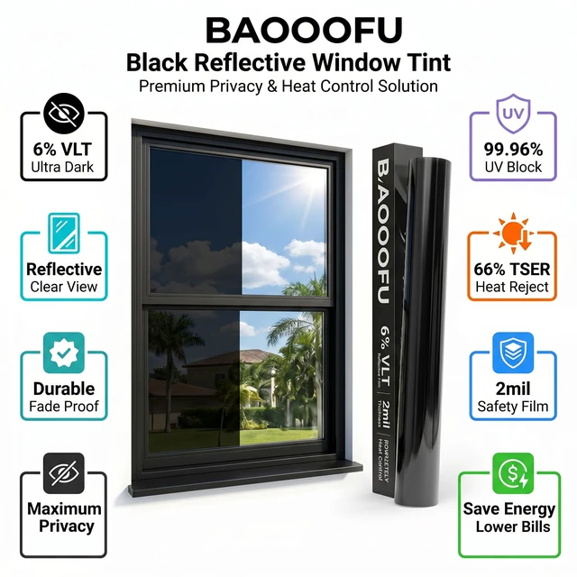 Alt view image 4 of 7 - BAOOOFU One Way Privacy Window Film, Heat Blocking Tint, 30in x 6.8ft | 6% VLT, 2mil Adhesive Heat Blocking, Easy Install, Removable, Anti Glare, for Home Office, Living Room, Bedroom, Sun Control
