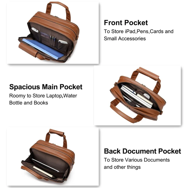 Alt view image 4 of 7 - Bosidu Leather Briefcases for Men 15.6 Inch Laptop Messenger Bag with Triple Compartments Water-Resistant Computer Shoulder Bag for Business, Travel, Work, Office, Coffee