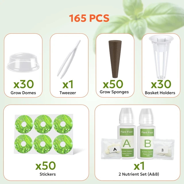 Alt view image 4 of 7 - Owltron 165 Pcs Hydroponic Seed Pods Kits, Grow Anything Kit Pod for Indoor Herb Garden with 50 Sponges, 4 A&B Nutrient Plant Food, 30 Baskets, 50 Stickers, 30 Germination Domes, 1 Tweezer