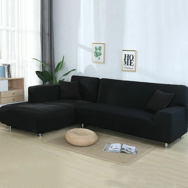 Alt view image 3 of 5 - Couch Covers for Sectional Sofa l Shape Slipcovers l Shaped Cover Black | 2 Piece Universal Stretch Fabric Sectional slipcover Couch Cover Protector (L Shape 3+3 Seater)