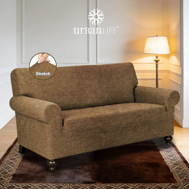 Alt view image 2 of 7 - URBANLIFE 1-Piece Stretch Sofa Covers for 2 Cushion Couch, Brown | Super fitted spandex slipcovers for couches. Non-slip elastic bottom. Machine washable furniture protector for kids & pets.