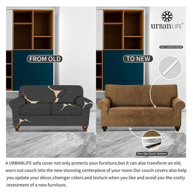 Alt view image 5 of 7 - URBANLIFE 1-Piece Stretch Sofa Covers for 2 Cushion Couch, Brown | Super fitted spandex slipcovers for couches. Non-slip elastic bottom. Machine washable furniture protector for kids & pets.