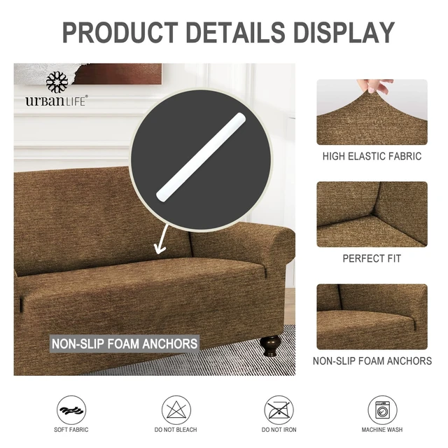 Alt view image 6 of 7 - URBANLIFE 1-Piece Stretch Sofa Covers for 2 Cushion Couch, Brown | Super fitted spandex slipcovers for couches. Non-slip elastic bottom. Machine washable furniture protector for kids & pets.