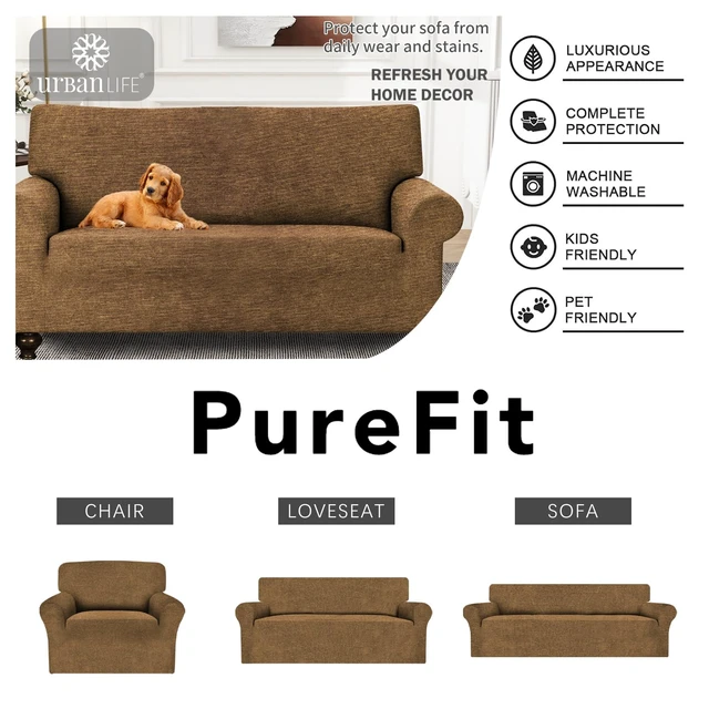 Alt view image 7 of 7 - URBANLIFE 1-Piece Stretch Sofa Covers for 2 Cushion Couch, Brown | Super fitted spandex slipcovers for couches. Non-slip elastic bottom. Machine washable furniture protector for kids & pets.