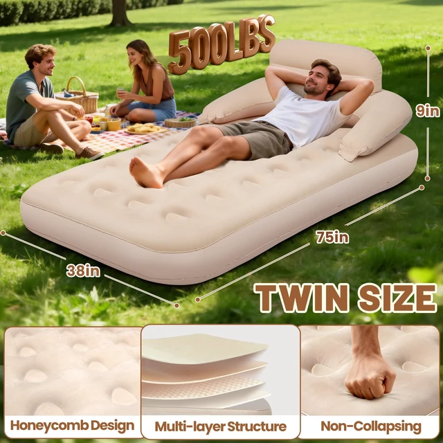 Alt view image 4 of 7 - MeiLyte Inflatable Bed Twin Size, Inflatable Air Mattress with Backrest | Inflatable Couch for Adults with Flocked Surface, Comfortable Inflatable Sofa Bed, Inflatable Couch for Camping,Outdoor