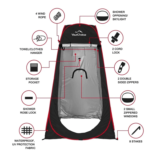 Alt view image 3 of 7 - Your Choice Pop-Up Shower Tent, 47.2W x74.8 H Changing Tent - Black | Waterproof Silver Coating Portable Shelter with Carry Bag for Camping, Beach, RV, Hiking, Fishing