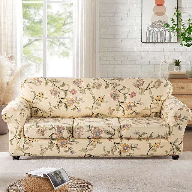 Alt view image 2 of 7 - Lamberia Printed Sofa Cover for 3 Cushion Couch High Stretch Sofa Slipcovers 4 Piece Sofa Slipcover with Three Separate Cushion Covers Elastic Bottom Floral Pattern (Blooming Flower, Sofa)