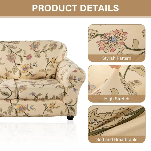 Alt view image 3 of 7 - Lamberia Printed Sofa Cover for 3 Cushion Couch High Stretch Sofa Slipcovers 4 Piece Sofa Slipcover with Three Separate Cushion Covers Elastic Bottom Floral Pattern (Blooming Flower, Sofa)