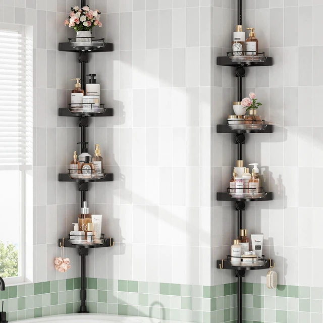 Main image of shuang qing 360° Rotating Corner Shower Caddy Tension Pole Organizer, Black | 4-Tier rotating shelves with hooks, adjustable tray height, upgraded rustproof metal pole