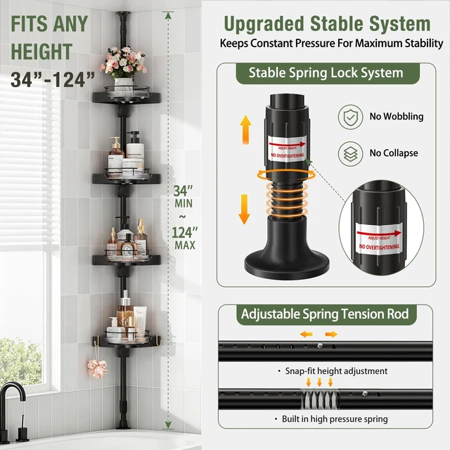 Alt view image 2 of 7 - shuang qing 360° Rotating Corner Shower Caddy Tension Pole Organizer, Black | 4-Tier rotating shelves with hooks, adjustable tray height, upgraded rustproof metal pole