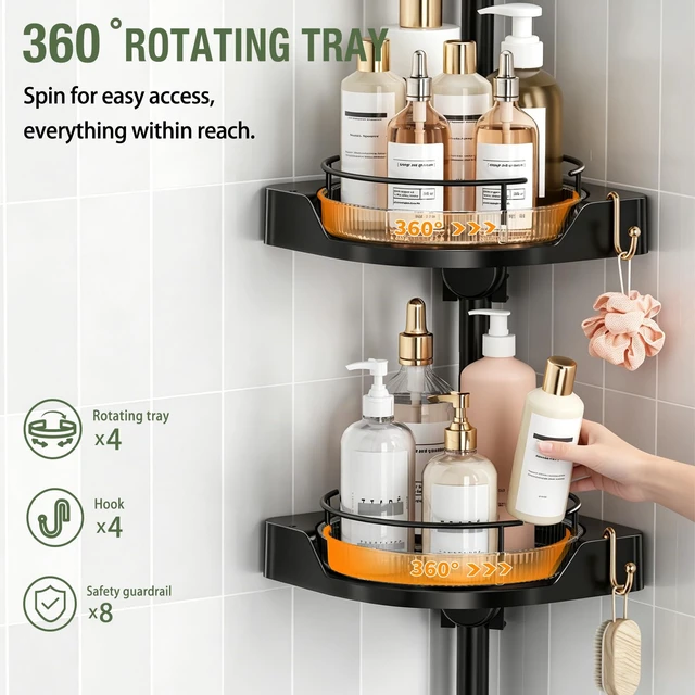 Alt view image 3 of 7 - shuang qing 360° Rotating Corner Shower Caddy Tension Pole Organizer, Black | 4-Tier rotating shelves with hooks, adjustable tray height, upgraded rustproof metal pole