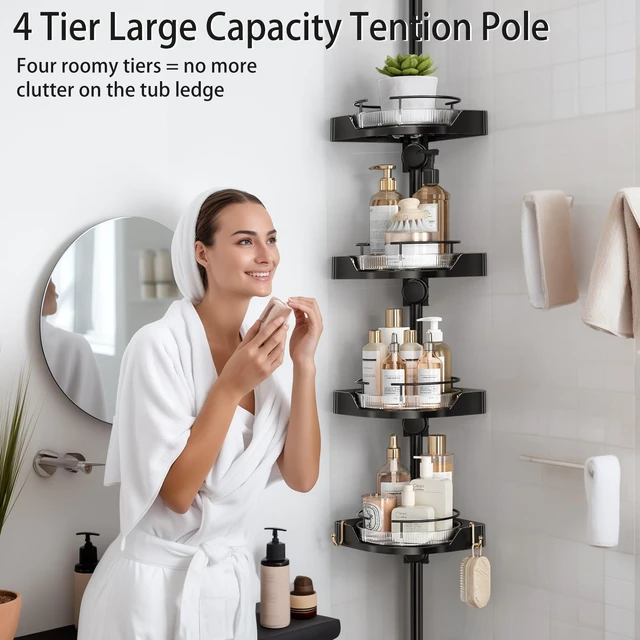 Alt view image 6 of 7 - shuang qing 360° Rotating Corner Shower Caddy Tension Pole Organizer, Black | 4-Tier rotating shelves with hooks, adjustable tray height, upgraded rustproof metal pole
