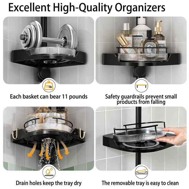 Alt view image 5 of 7 - shuang qing 360° Rotating Corner Shower Caddy Tension Pole Organizer, Black | 4-Tier rotating shelves with hooks, adjustable tray height, upgraded rustproof metal pole