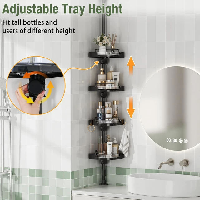 Alt view image 4 of 7 - shuang qing 360° Rotating Corner Shower Caddy Tension Pole Organizer, Black | 4-Tier rotating shelves with hooks, adjustable tray height, upgraded rustproof metal pole