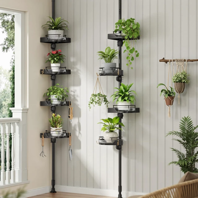 Alt view image 7 of 7 - shuang qing 360° Rotating Corner Shower Caddy Tension Pole Organizer, Black | 4-Tier rotating shelves with hooks, adjustable tray height, upgraded rustproof metal pole