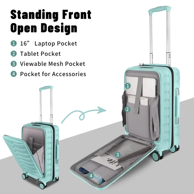 Alt view image 5 of 7 - WireHot Small 22×14×9 Airline Approved Carry On Luggage with Cover and Tag | Front Open Pocket, Spinner Wheels, ABS+PC Hardshell, TSA Lock, YKK Zipper, GRS Certified, Waterproof