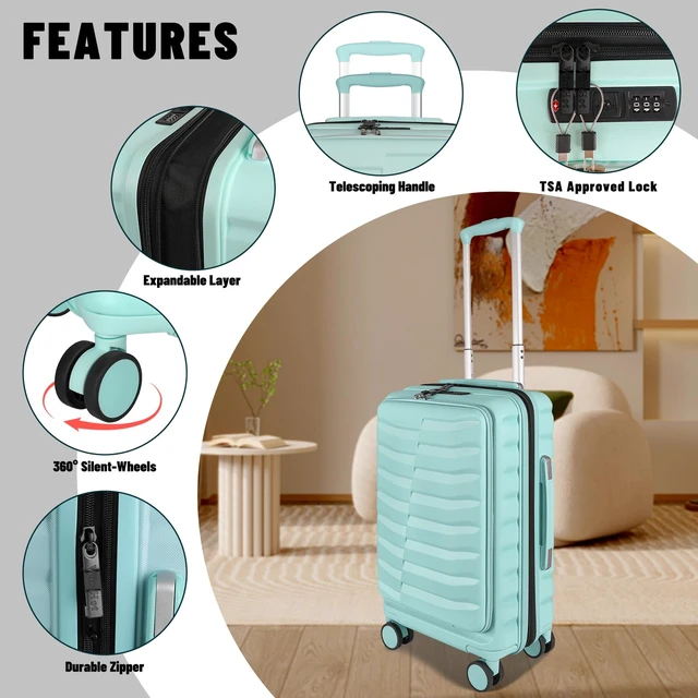 Alt view image 6 of 7 - WireHot Small 22×14×9 Airline Approved Carry On Luggage with Cover and Tag | Front Open Pocket, Spinner Wheels, ABS+PC Hardshell, TSA Lock, YKK Zipper, GRS Certified, Waterproof