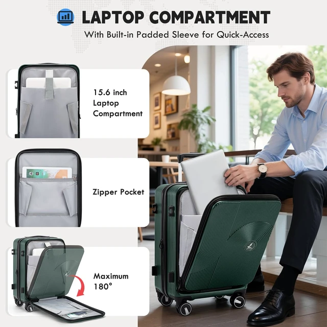 Alt view image 2 of 7 - RAINSMORE Carry on Luggage 20 Inch Expandable, Airline Approved Suitcase | Front Laptop Compartment & Top Opening, Hard Shell Rolling Travel Luggage with TSA Lock & Spinner Wheels, Green