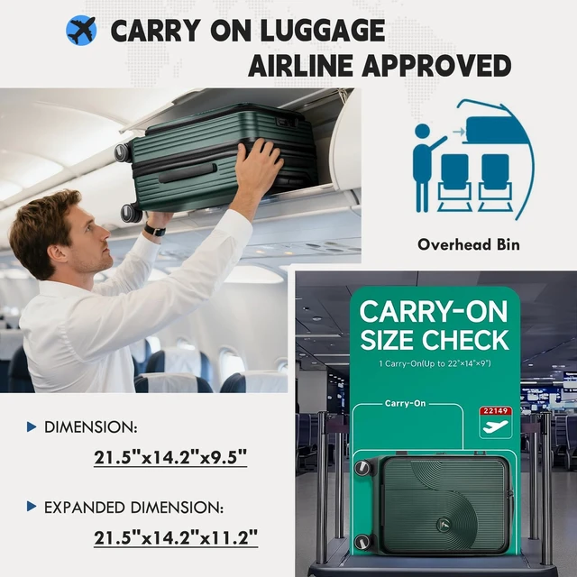 Alt view image 3 of 7 - RAINSMORE Carry on Luggage 20 Inch Expandable, Airline Approved Suitcase | Front Laptop Compartment & Top Opening, Hard Shell Rolling Travel Luggage with TSA Lock & Spinner Wheels, Green