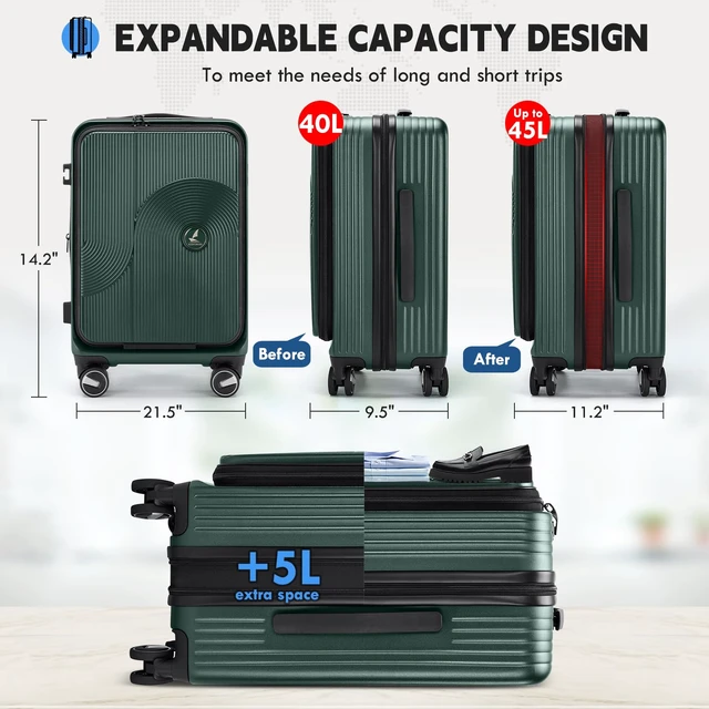 Alt view image 4 of 7 - RAINSMORE Carry on Luggage 20 Inch Expandable, Airline Approved Suitcase | Front Laptop Compartment & Top Opening, Hard Shell Rolling Travel Luggage with TSA Lock & Spinner Wheels, Green