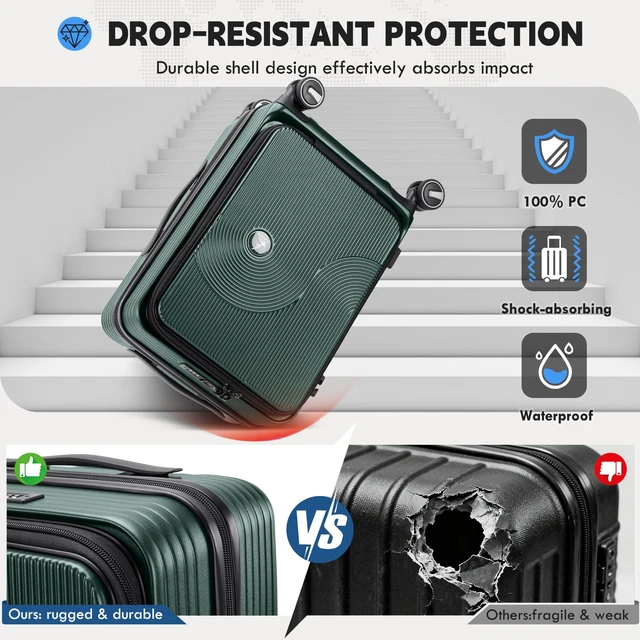 Alt view image 6 of 7 - RAINSMORE Carry on Luggage 20 Inch Expandable, Airline Approved Suitcase | Front Laptop Compartment & Top Opening, Hard Shell Rolling Travel Luggage with TSA Lock & Spinner Wheels, Green