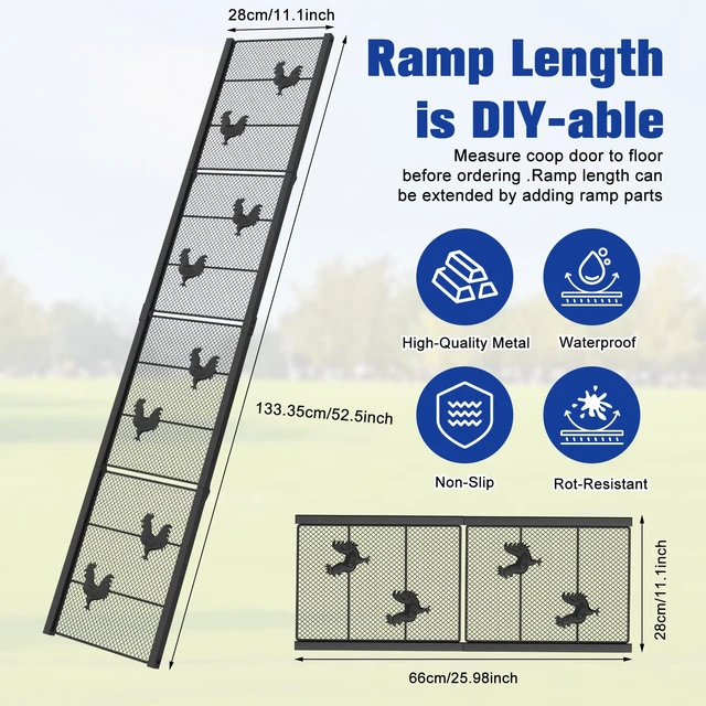 Alt view image 2 of 7 - Chicken Coop Ramp 52.5''L, Ladder Length Adjustable for Henhouse | Heavy Duty Metal Coop Steps for Feet Problem or Cannot Fly Chickens, Waterproof, Non-Slip, Rustproof, Sturdy&Easy to Clean