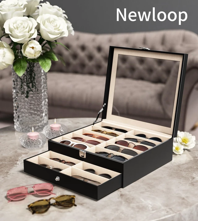 Alt view image 2 of 7 - NEWLOOP Sunglasses Organizer Real Glass Display Case Holder for Women Men | Sunglass Storage Box with 2 Layers Eyeglass Jewelry Stand for Multiple Pairs of Sun Glass 20 Slots Black