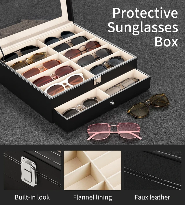 Alt view image 3 of 7 - NEWLOOP Sunglasses Organizer Real Glass Display Case Holder for Women Men | Sunglass Storage Box with 2 Layers Eyeglass Jewelry Stand for Multiple Pairs of Sun Glass 20 Slots Black