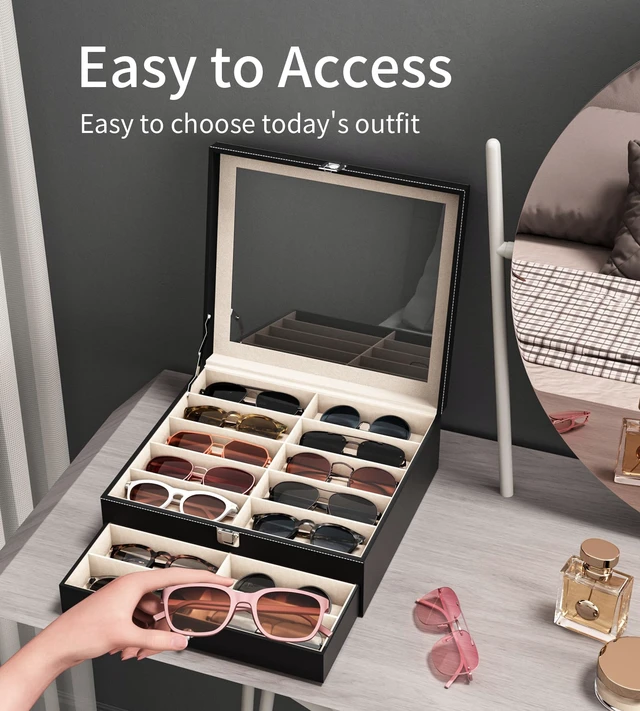 Alt view image 5 of 7 - NEWLOOP Sunglasses Organizer Real Glass Display Case Holder for Women Men | Sunglass Storage Box with 2 Layers Eyeglass Jewelry Stand for Multiple Pairs of Sun Glass 20 Slots Black