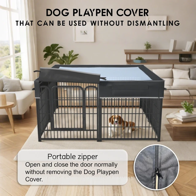Alt view image 4 of 7 - Dog Playpen Cover (with Sunshade), Heavy Duty 1680D Oxford Fabric + Nylon Breathable Mesh (Fits 32" H/40 H/45 H 8 Panels Playpen)