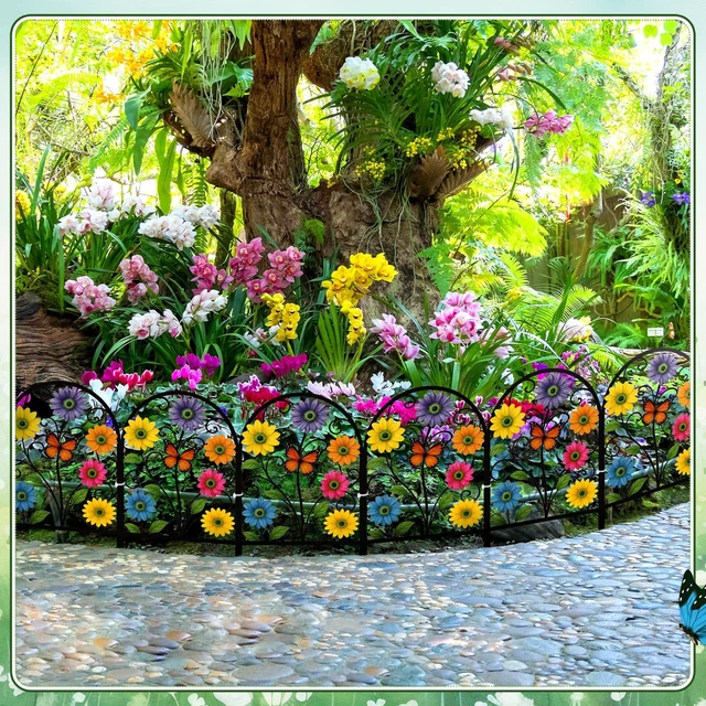 Alt view image 5 of 6 - Yaocom 6 Pack Flower Garden Fence 16.5" H x 11.8" W Yard Decor | Floral Hollow Carved Panels, Metal Garden Border for Flower Beds, Lawn Edging, Patio and Outdoor Decor