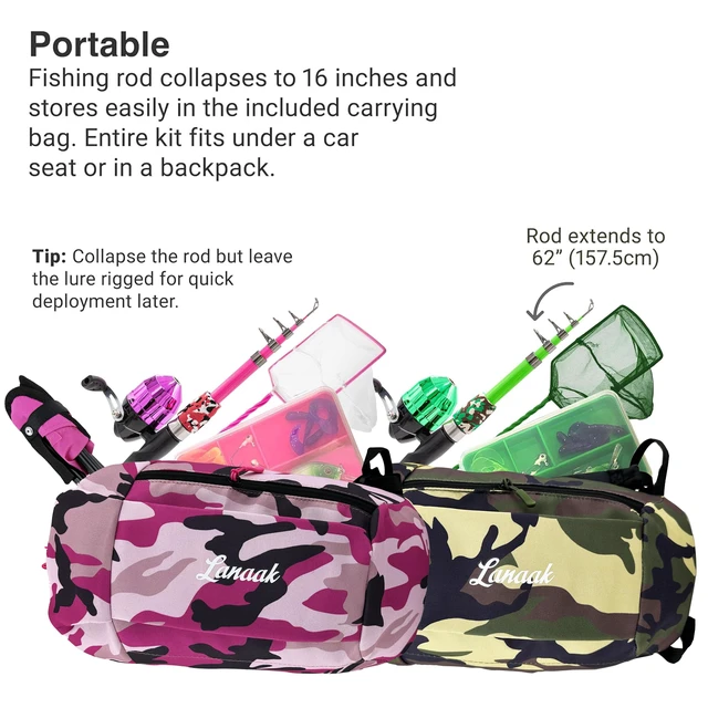 Alt view image 3 of 6 - Lanaak Beginner Kids Fishing Pole & Tackle Box - Kids Fishing Rod Pack of 2 | Kids fishing pole set with reel, net, fishing gear for boys, girls & youth ages 5-10. 2 Pack