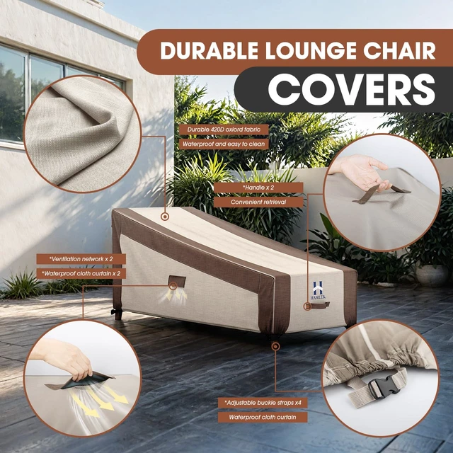 Alt view image 4 of 7 - HAMLER Lounge Chair Cover, Heavy Duty Chaise Lounge Covers Outdoor Waterproof, Outdoor Furniture Covers for Patio Furniture Fits up to 70L x 32W x 30H InchBrown & Beige