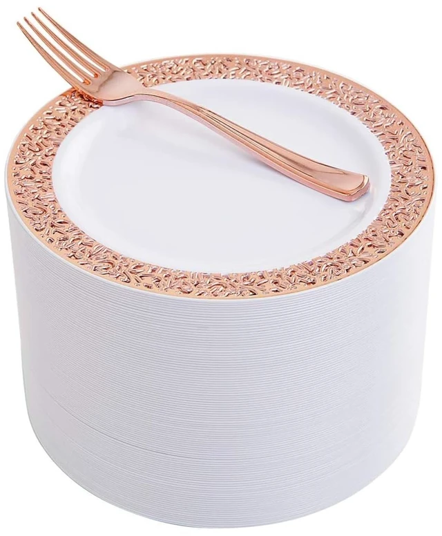 Main image of WDF 200 Pieces Rose Gold Dessert Plates with Forks, 100Pcs Lace Design Cake Small Rose Gold Appetizer Plates 7.5" and 100 Pcs Forks 7.4" for Wedding/Party