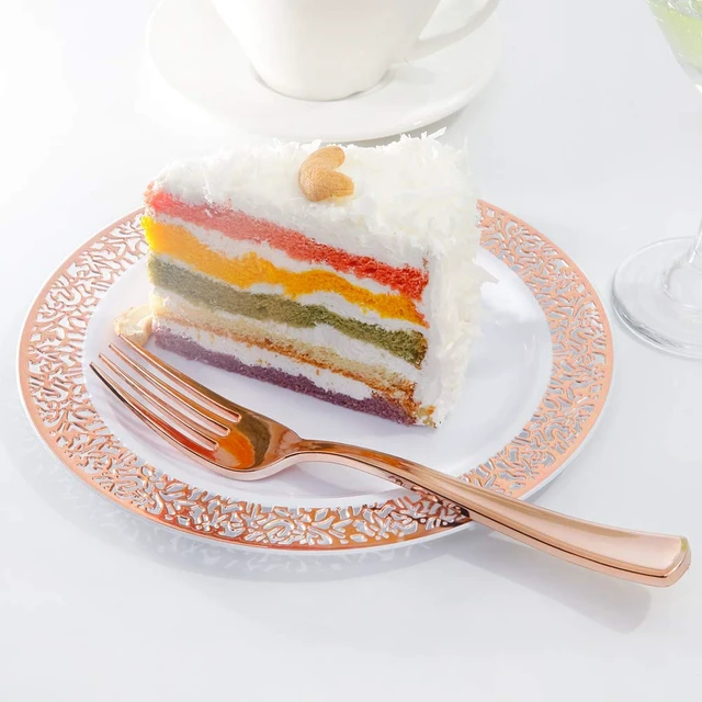 Alt view image 2 of 7 - WDF 200 Pieces Rose Gold Dessert Plates with Forks, 100Pcs Lace Design Cake Small Rose Gold Appetizer Plates 7.5" and 100 Pcs Forks 7.4" for Wedding/Party