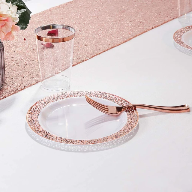 Alt view image 3 of 7 - WDF 200 Pieces Rose Gold Dessert Plates with Forks, 100Pcs Lace Design Cake Small Rose Gold Appetizer Plates 7.5" and 100 Pcs Forks 7.4" for Wedding/Party