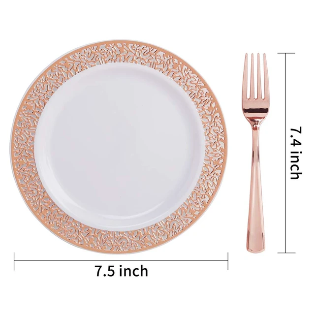 Alt view image 5 of 7 - WDF 200 Pieces Rose Gold Dessert Plates with Forks, 100Pcs Lace Design Cake Small Rose Gold Appetizer Plates 7.5" and 100 Pcs Forks 7.4" for Wedding/Party